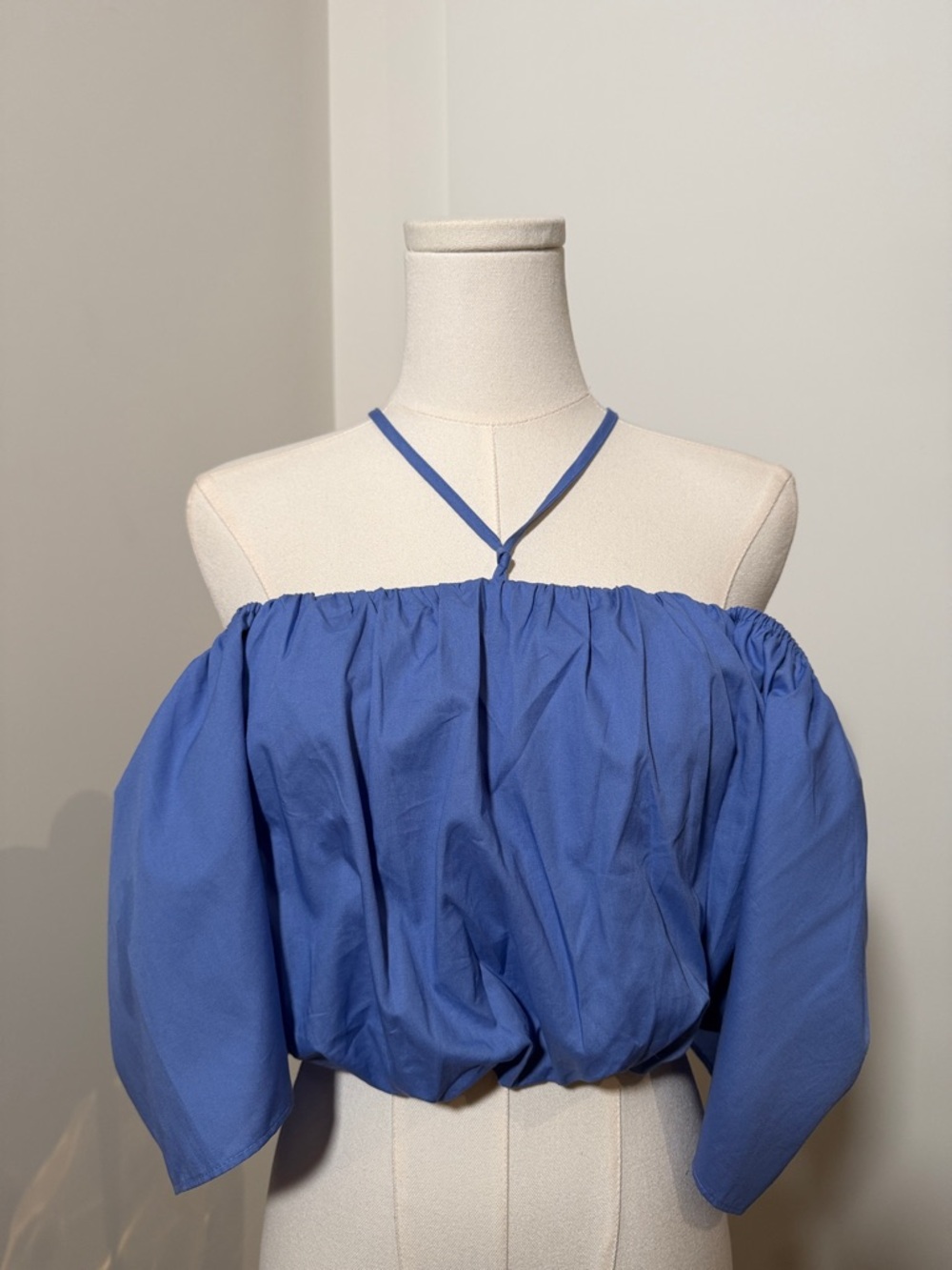 Blue Off-Shoulder Smocked Crop Top with Crisscross Straps